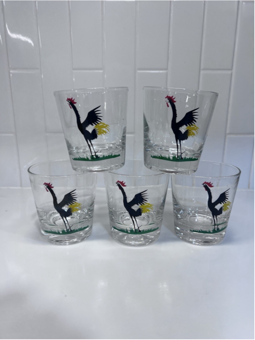 Vintage Federal Crowing Black Rooster Glasses 3.25” Lowball MCM Set Of 5